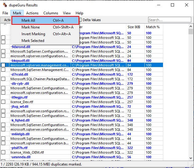 Choose Mark All dupeGuru Results