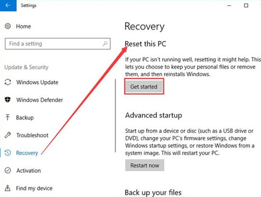 Click on Get Started Under Reset this PC