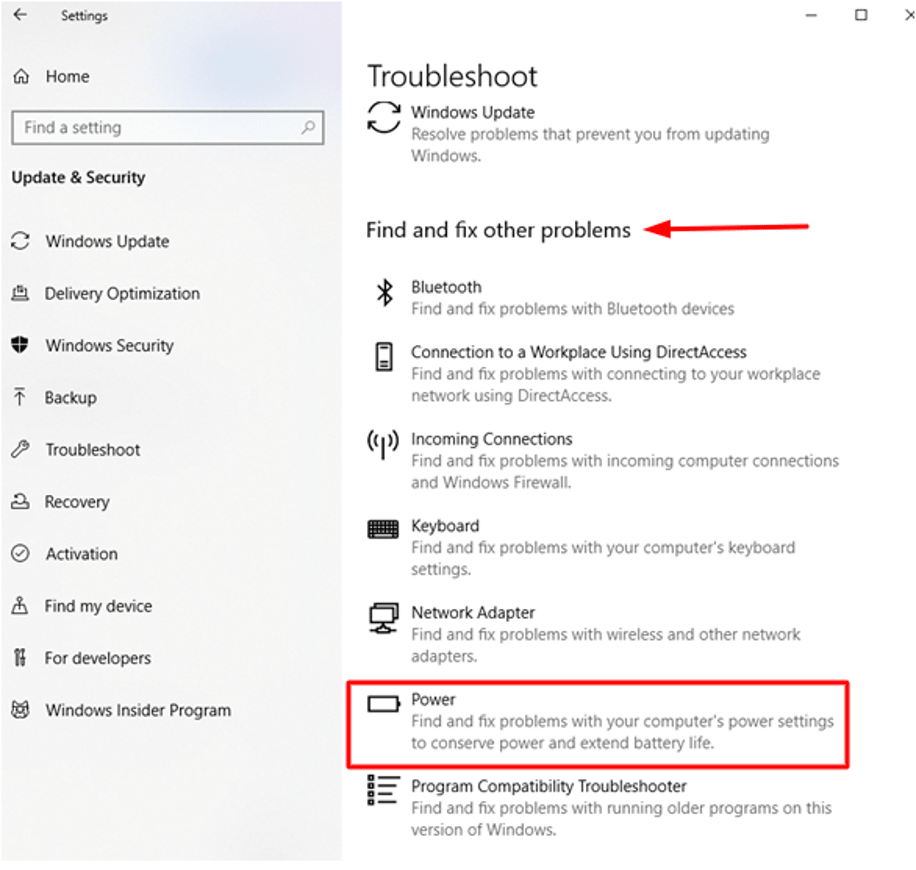 Click on Power option located under the Find and fix other problems segment