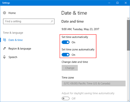 Set time automatically and Set time zone automatically